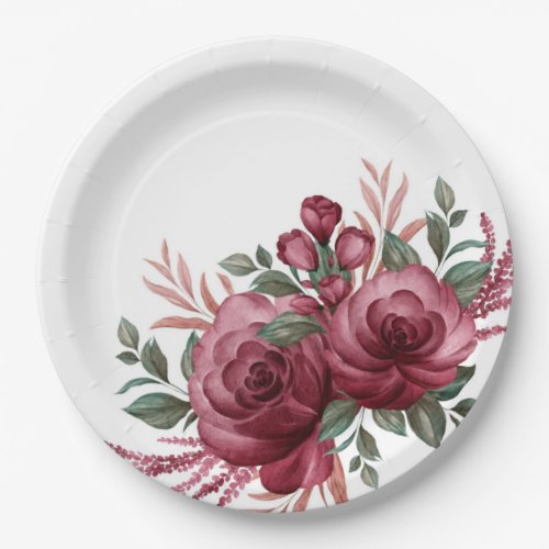 Pretty Burgundy Watercolor Flowers  Paper Plates
