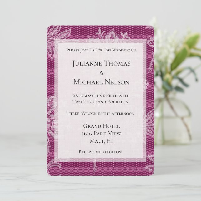 Pretty Burgundy Wine Lace Floral Romantic Wedding Invitation (Standing Front)
