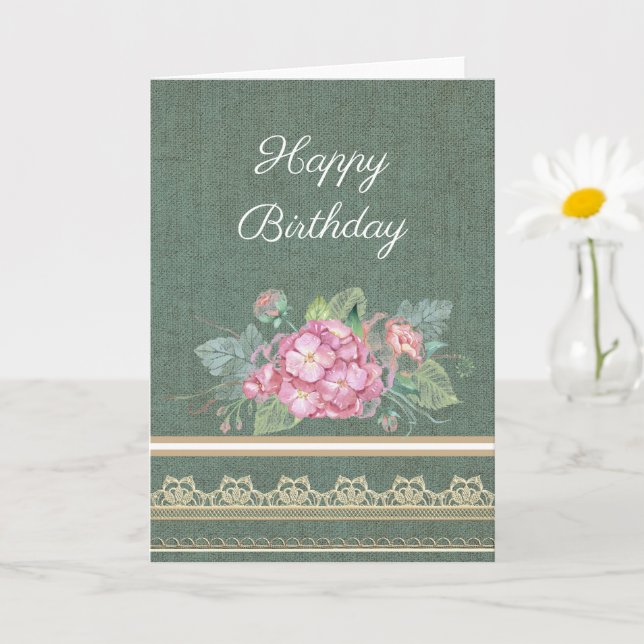 Pretty Burlap Lace and Pink Flower Birthday Card (Small Plant)