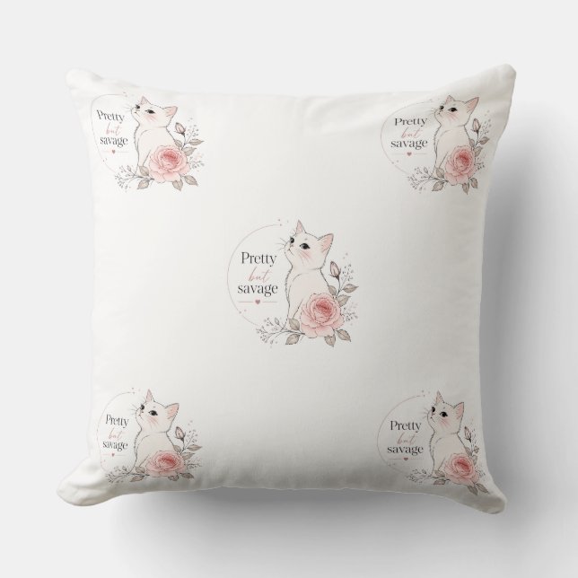 Pretty But Savage Kawaii Cat Rose Pillow (Front)