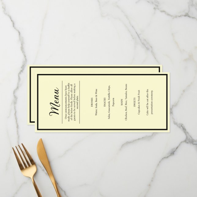 Pretty Butter Yellow Wedding Reception Dinner Menu (Front/Back In Situ)