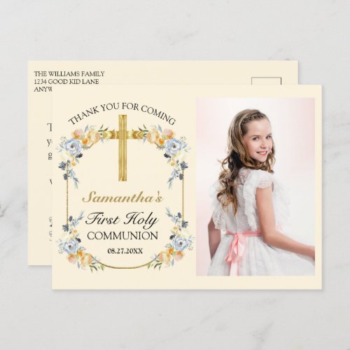 Pretty Buttercream Floral Holy Communion Thank You Postcard