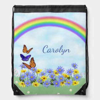 Pretty Butterflies and Daisies Spring Garden Drawstring Bag