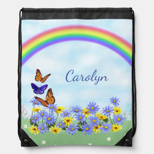 Pretty Butterflies and Daisies Spring Garden Drawstring Bag (Front)