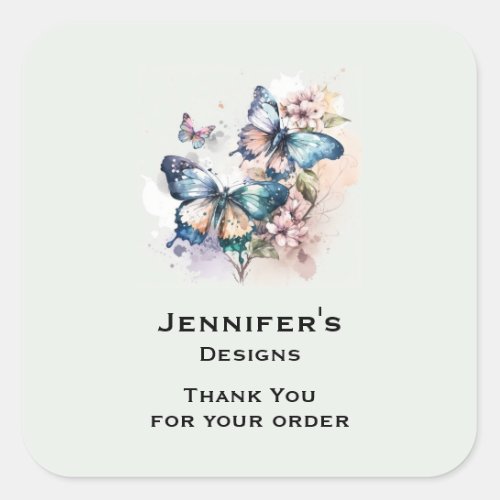 Pretty Butterflies and Flowers Business Thank You Square Sticker