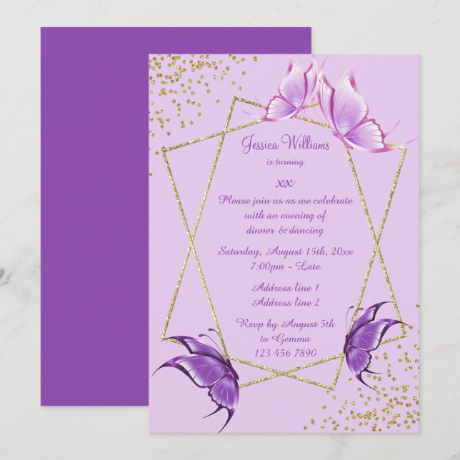 Pretty Butterflies, Glitter & Confetti Birthday Invitation (Front/Back)