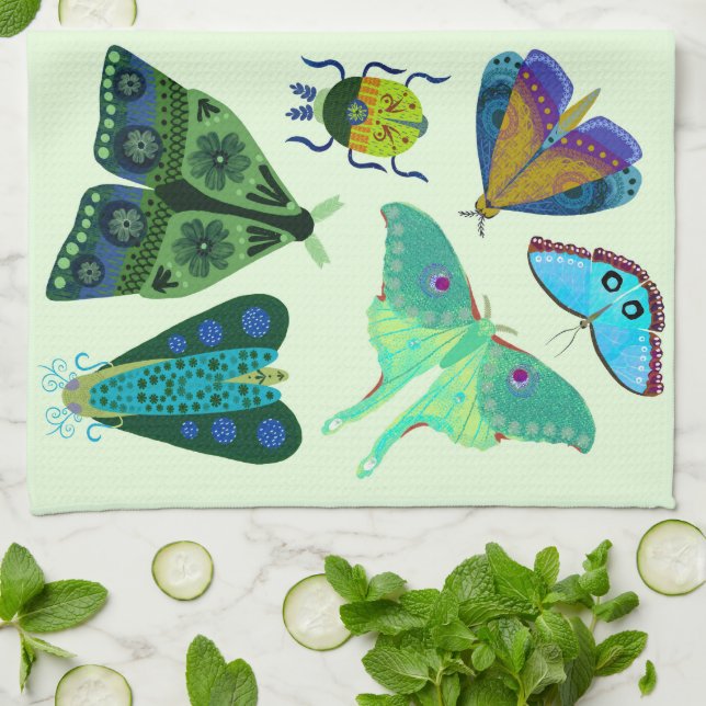 Pretty Butterfly and Moth Kitchen Tea Towel (Folded)