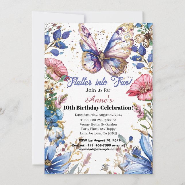 Pretty butterfly birthday invitation design (Front)