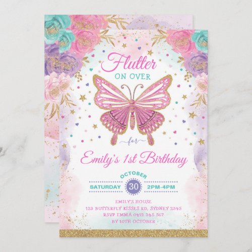 Pretty Butterfly Fairy Garden Floral Girl Birthday Invitation