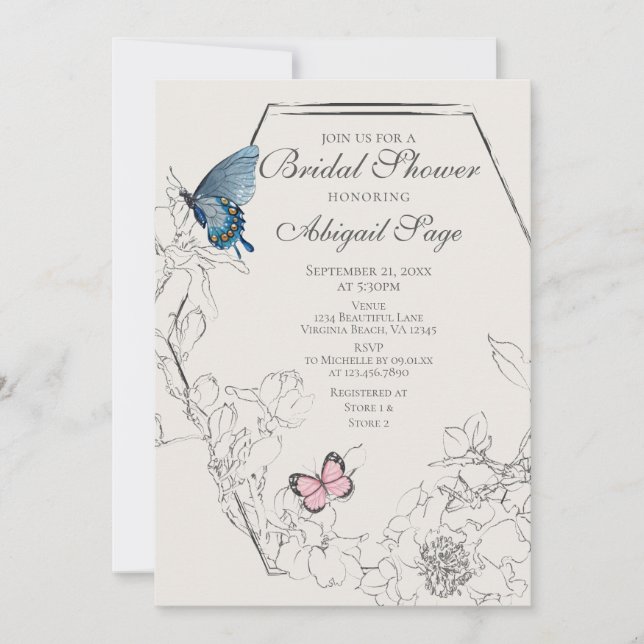 Pretty Butterfly Floral Geometric Bridal Shower Invitation (Front)