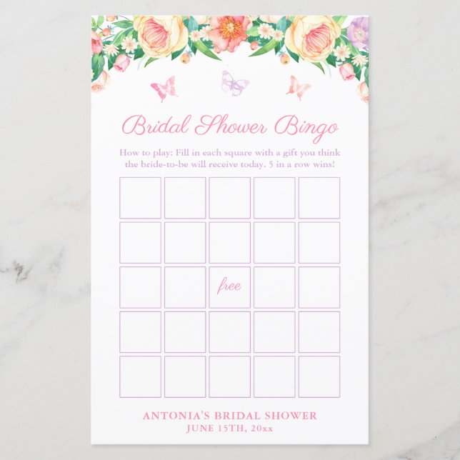 Pretty Butterfly Garden Bridal Shower Bingo Game (Front)