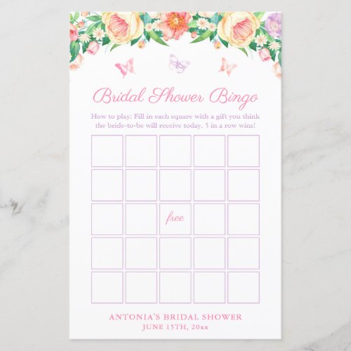 Pretty Butterfly Garden Bridal Shower Bingo Game