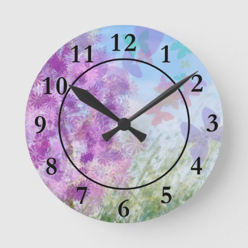 Pretty Butterfly Garden Watercolor Round Clock