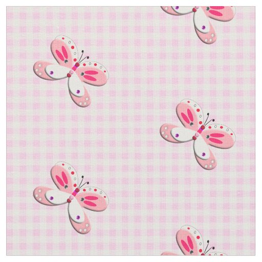 Pretty Butterfly Gingham Plaid Pink White Fabric