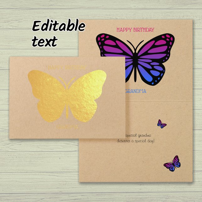 Pretty butterfly grandma customized birthday gold foil card (Gold foil, kraft paper)