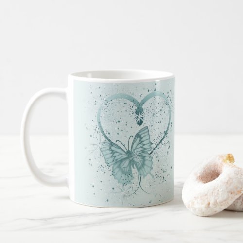 Pretty Butterfly Heart and Paint Splatter in Teal Coffee Mug