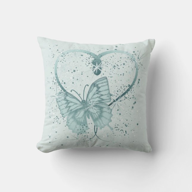 Pretty Butterfly, Heart and Paint Splatter in Teal Throw Pillow (Front)