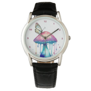 Pretty Butterfly Mushroom Rainbow Watercolor Art Watch