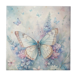 Pretty Butterfly on Flowers Ceramic Tile