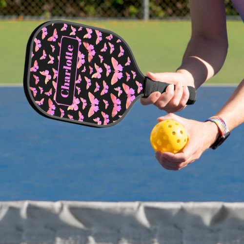 Pretty Butterfly Pattern Monogram Name Pink Pickleball Paddle