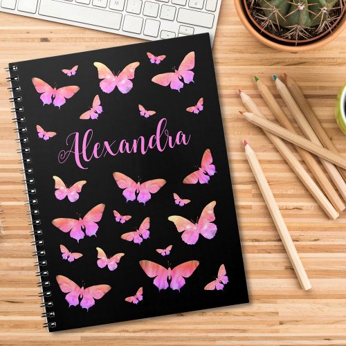 Pretty Butterfly Pattern Pink Black Name Notebook