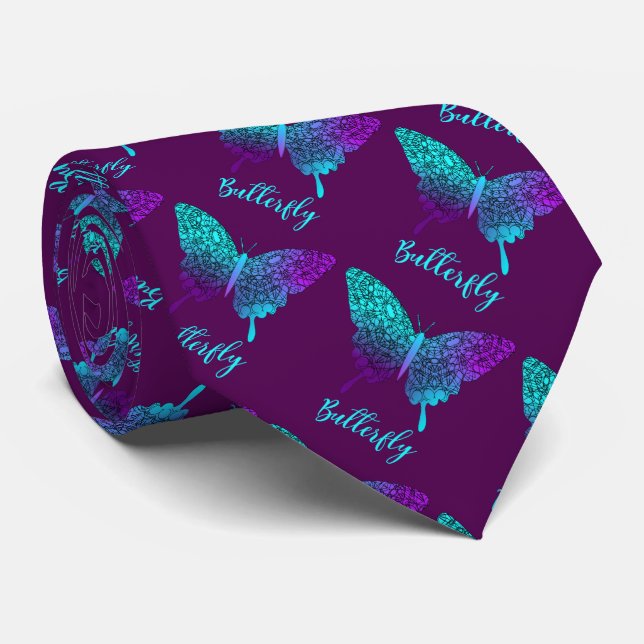 Pretty Butterfly Teal Purple Ombre Graphic Neck Tie (Rolled)