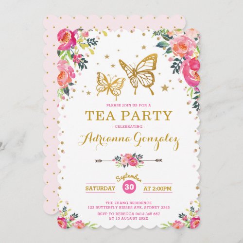 Pretty Butterfly Watercolor Floral Tea Party Invitation