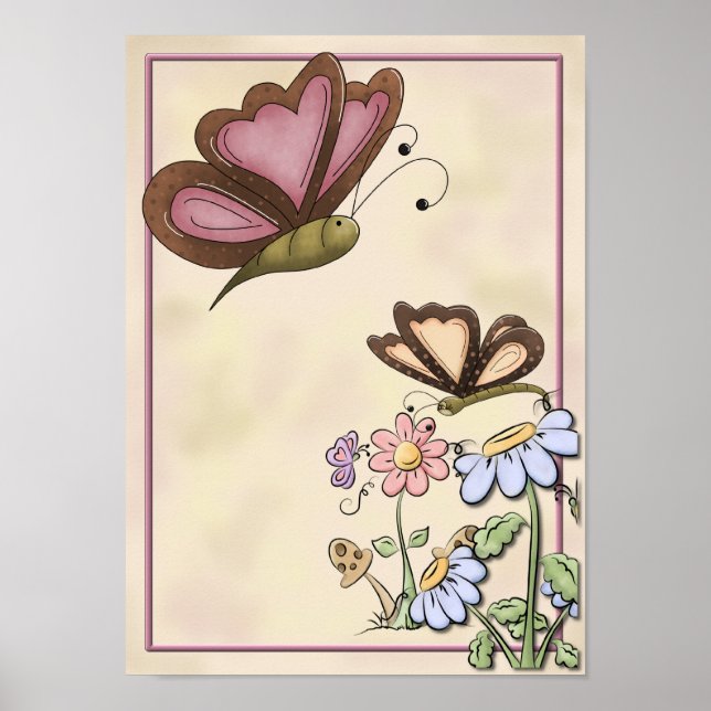 Pretty Butterfly with Pink & Blue Flowers Poster (Front)