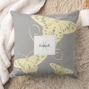 Pretty Butterfly Yellow On Gray Pattern Throw Pillow