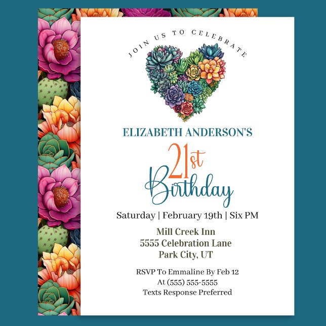 Pretty Cactus Heart 21st Birthday Invitation (Creator Uploaded)