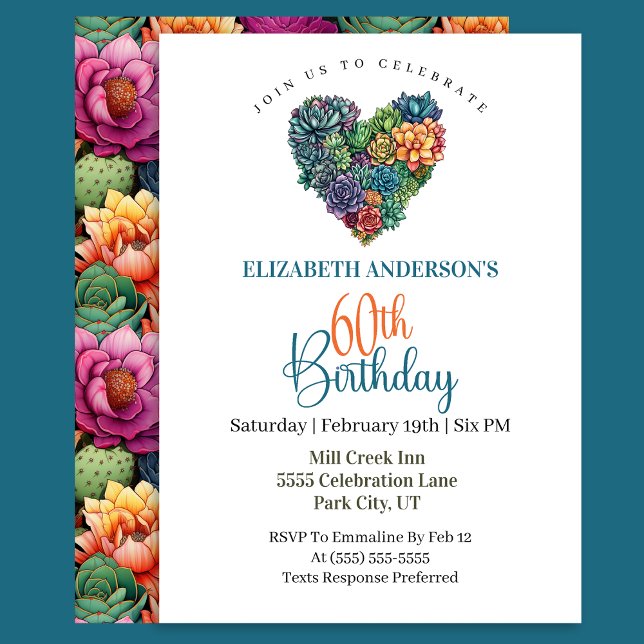 Pretty Cactus Heart 60th Birthday Invitation (Creator Uploaded)