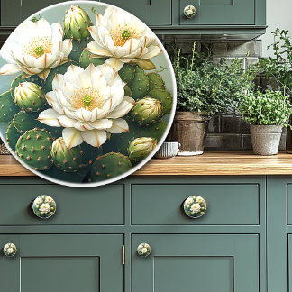 Pretty Cactus White Flowers Ceramic Knob