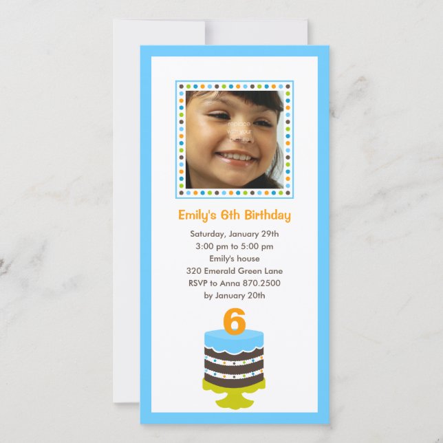 Pretty Cake Photo Birthday Party Invitation - Blue (Front)