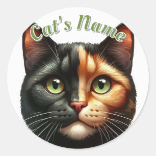 Pretty Calico Shorthaired Cat plus Name Classic Round Sticker
