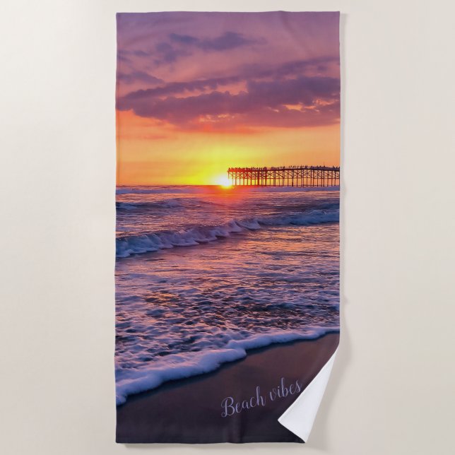 Pretty California Beach Pier Sunset Beach Towel (Front)