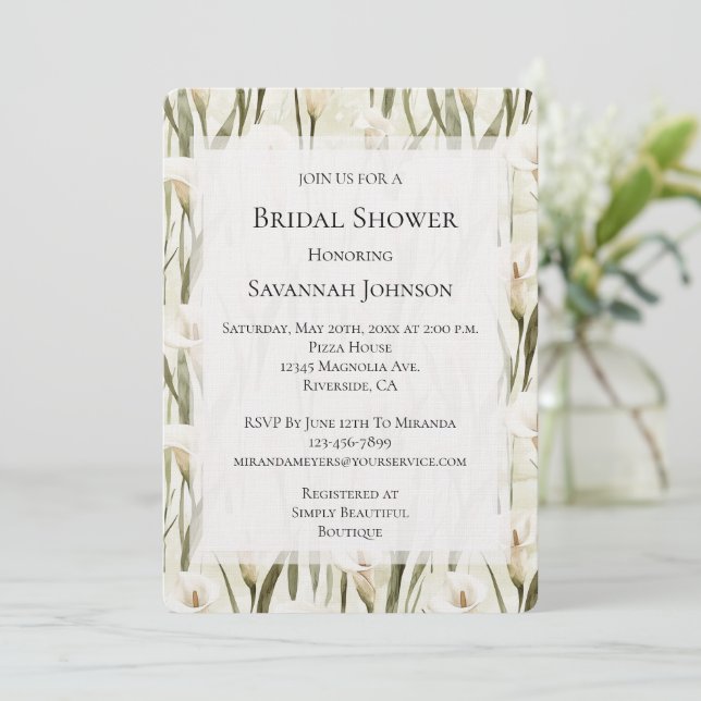 Pretty Calla Lilly Floral Bridal Shower Invitation (Standing Front)