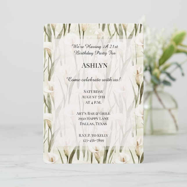 Pretty Calla Lilly Green White Floral Birthday Invitation (Standing Front)