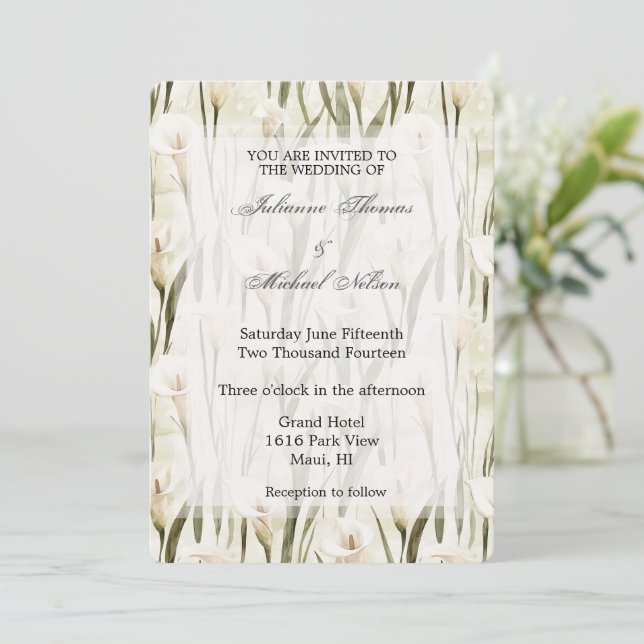 Pretty Calla Lilly Green White Floral Wedding Invitation (Standing Front)