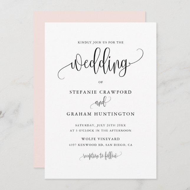 Pretty Calligraphy Script Black Wedding Invitation (Front/Back)