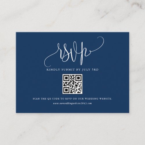 Pretty Calligraphy Script Navy Blue QR Code RSVP Enclosure Card
