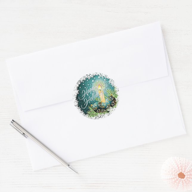 Pretty Candle On Teal Blue Green Damask Pattern Classic Round Sticker (Envelope)