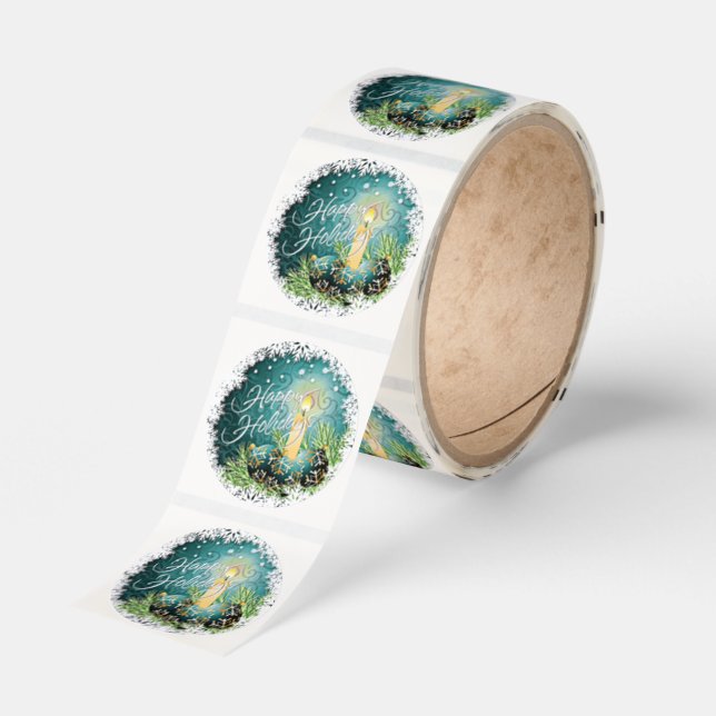 Pretty Candle On Teal Blue Green Damask Pattern Classic Round Sticker (Roll)