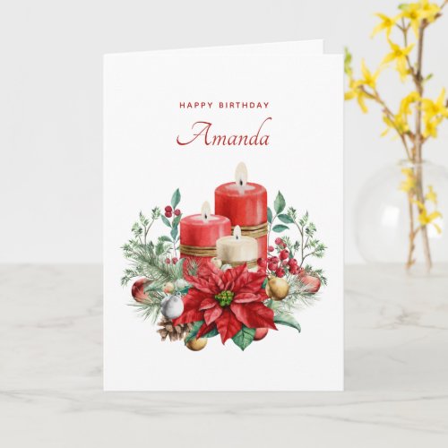 Pretty Candles and Poinsettia Bouquet Birthday Card