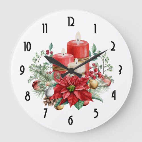 Pretty Candles and Poinsettia Bouquet Christmas Large Clock