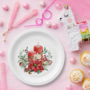 Pretty Candles and Poinsettia Bouquet Christmas Paper Plates