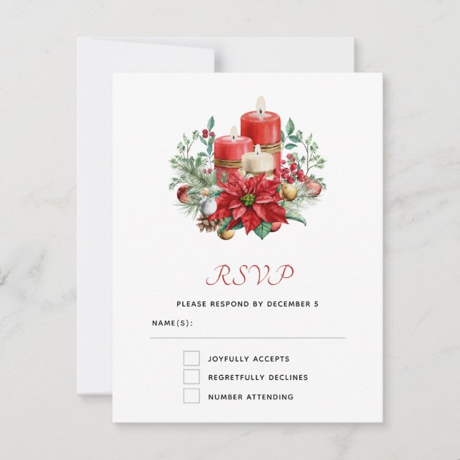 Pretty Candles and Poinsettia Bouquet Christmas RSVP Card (Front)