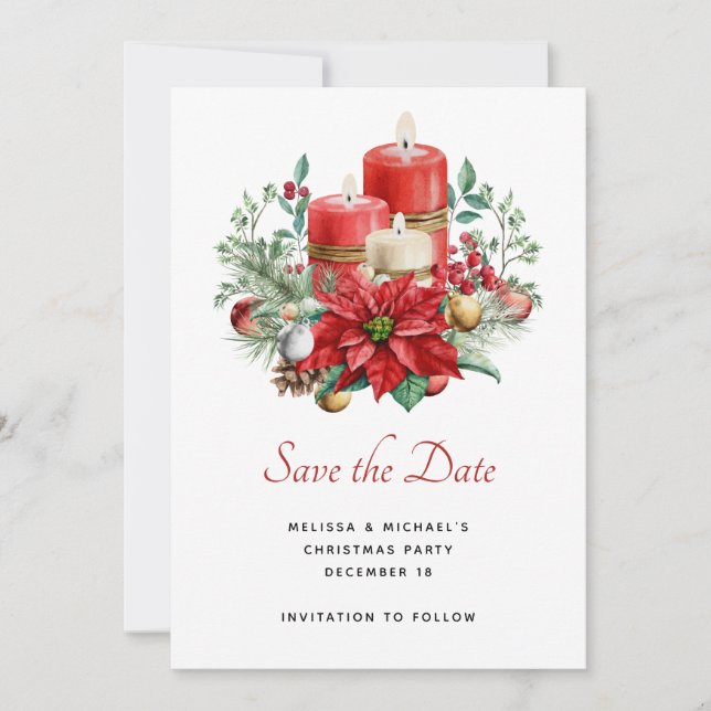 Pretty Candles and Poinsettia Bouquet Christmas Save The Date (Front)