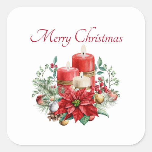 Pretty Candles and Poinsettia Bouquet Christmas Square Sticker