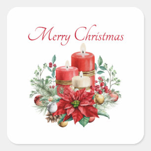 Pretty Candles and Poinsettia Bouquet Christmas Square Sticker