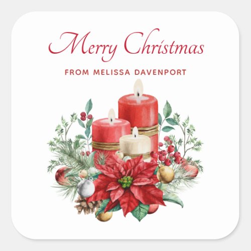 Pretty Candles and Poinsettia Bouquet Christmas Square Sticker